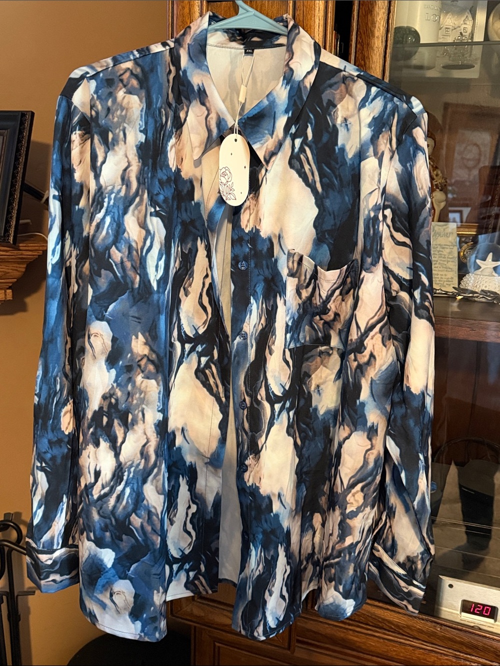 Women’s Abstract Marble Print Button-Up blouse- Blue & White